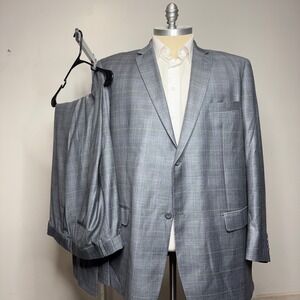 Vitali Men's Grey Plaid Suit 52L 47W Check Shiny Satin